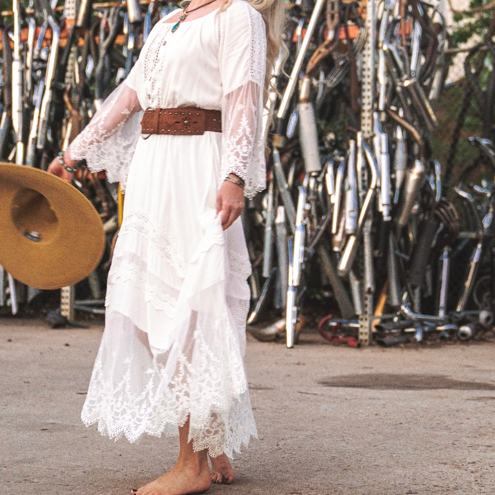 White boho lace, bell sleeve dress